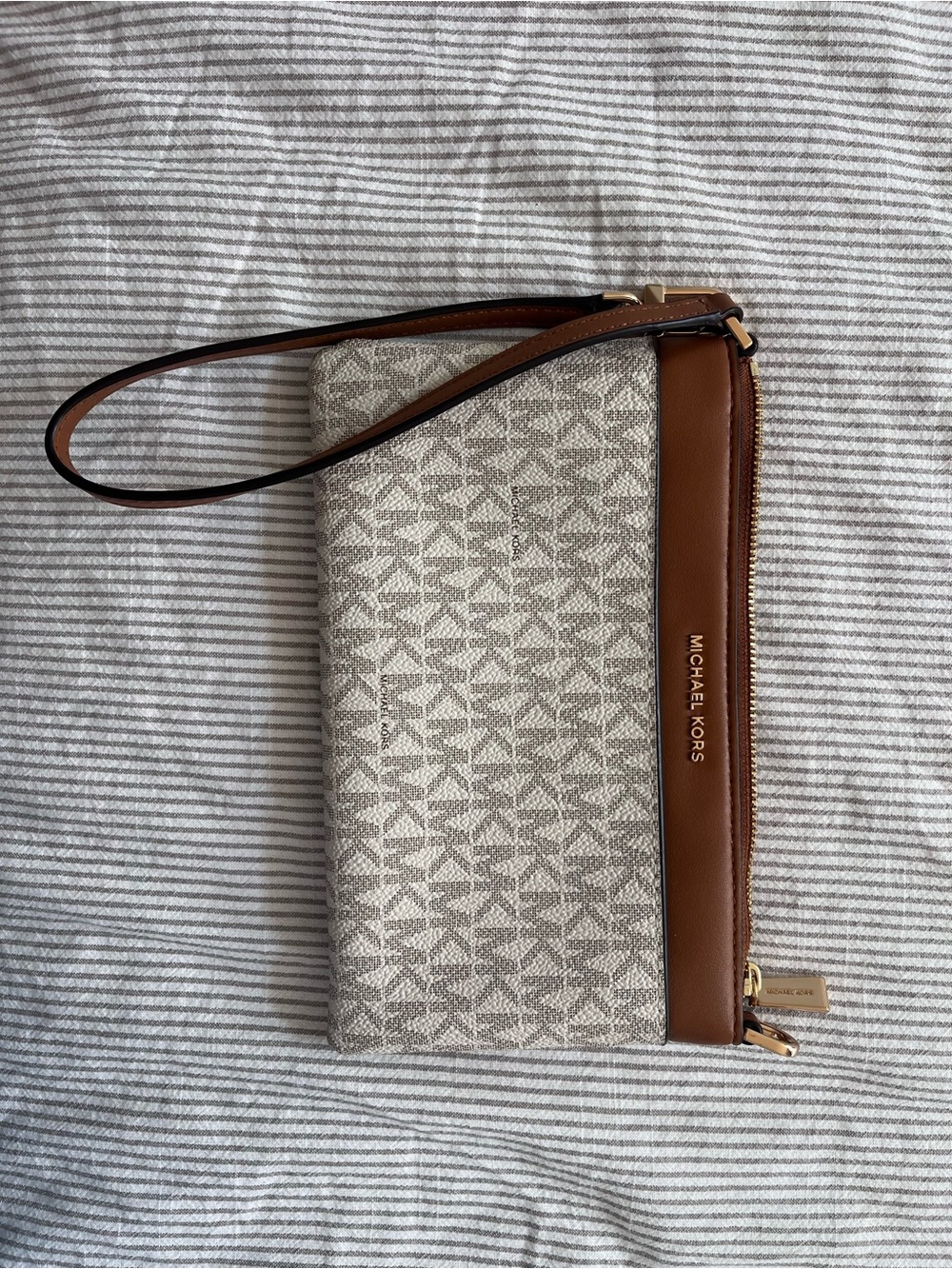 Michael Kors Beige Logo Wristlet with Brown Leather Trim